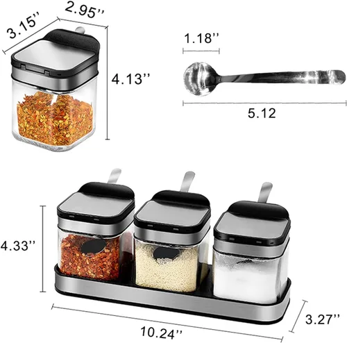 Vista 2 de V-Shine Contenedor de especias para condimentos con tapas y cucharas de acero inoxidable 304, recipientes de vidrio transparente para condimentos