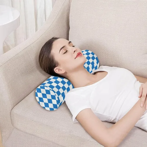 Vista 5 de DOMIKING Almohada cervical con patrón de cuadros blancos y azules para el cuello, almohada cilíndrica de espuma viscoelástica con funda extraíble