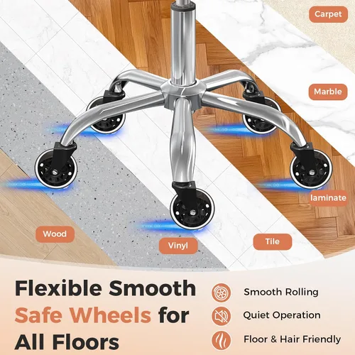 Vista 14 de Taburete enrollable con ruedas, taburete ajustable en altura con soporte para la espalda, silla de dibujo de oficina con cojín de piel sintética
