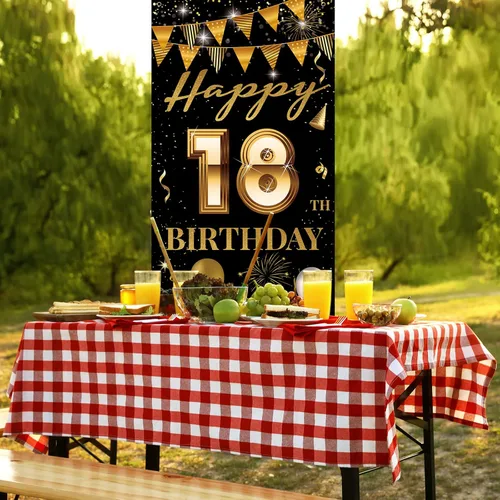 Vista 4 de Cartel de puerta de fiesta de cumpleaños número 18, decoración de feliz cumpleaños 18 para niñas y niños, telón de fondo negro dorado para fotos