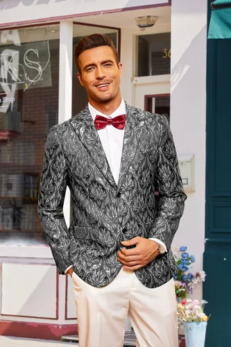 Vista 4 de COOFANDY Chaqueta de esmoquin floral para hombre, chaqueta de traje bordada con rosas para boda, graduación, cena, fiesta, blazer