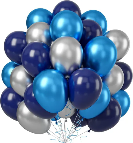 Vista 24 de Globos azules y naranjas, 50 unidades, globos de látex azules y naranjas, globos de fiesta azules y naranjas, decoración de cumpleaños para niñas