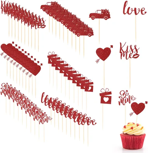 Vista 8 de Pajean 60 piezas de decoración para cupcakes para el día de San Valentín con purpurina roja y corazón de amor, beso me Lip Be Mine, caja de regalo