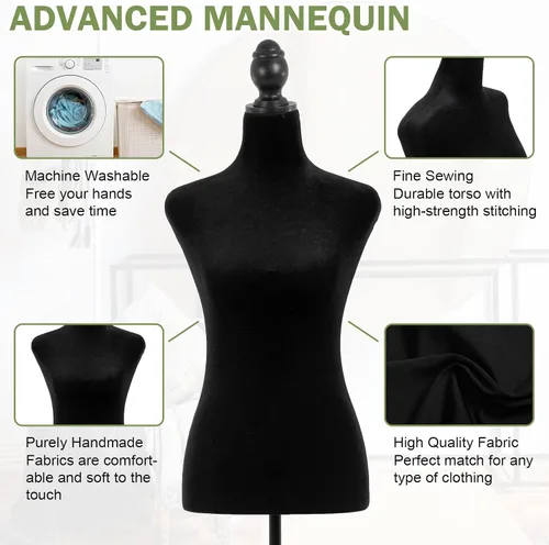 Vista 5 de Professional Adjustable Dress Form Mannequin with Stable Tripod Base Stand - Female Torso for Sewing, Clothing Design, Display & Tailoring Black