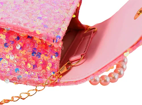 Vista 5 de Bolso cruzado de lentejuelas para niños pequeños, con asa superior de perla, lazo con purpurina, cartera para niñas pequeñas, accesorios