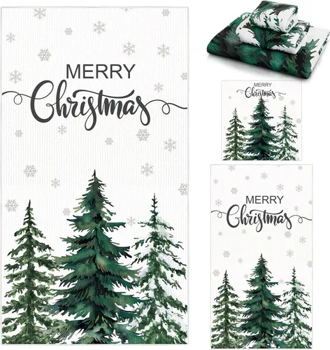 Vista 9 de Preboun Juego de 3 toallas de baño navideñas de gnomo, toallas de mano con árbol de Navidad, toallas de baño con copos de nieve de invierno, toallas