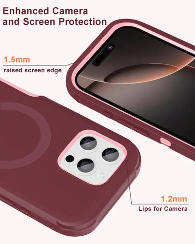 Vista 6 de Funda magnética para iPhone 16 Pro Max resistente con 2 protectores de vidrio templado y protector para lente de cámara, protección de golpes
