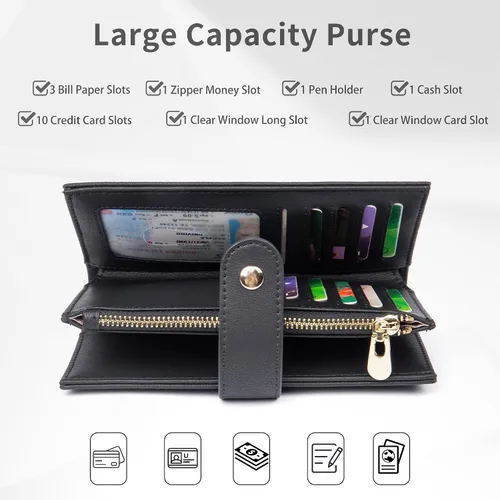 Vista 2 de Billetera con bloqueo RFID para mujer, delgada y delgada, de cuero plegable, funda de tarjetas de gran capacidad, cartera larga para mujer