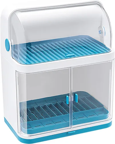 Vista 8 de Escurridor de platos de 2 niveles con cubierta de tapa, cubierta transparente contra el polvo para platos de cocina, vasos, bandeja para secar