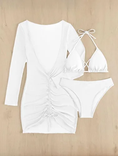 Vista 11 de SherryDC Traje de baño sexy de 3 piezas para mujer, conjunto de bikini triangular con cuello halter y manga larga, traje de baño con cordón
