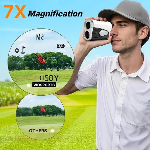 Vista 4 de WOSPORTS Golf Rangefinder with Slope, 1500-Yard Pin Lock Vibration Range Finder(Feet/Meters/Yards), 7X Magnification, Magnetic Mount, Rechargeable