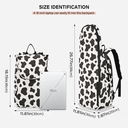 Vista 3 de Mochila de tenis para adultos, gran almacenamiento, estampado de vaca, bolsa de raqueta de tenis blanca y negra con capacidad para 2 raquetas