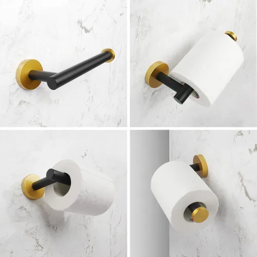 Vista 5 de Juego de accesorios de baño de 3 piezas, color negro y dorado, para montar en la pared, incluye soporte para papel higiénico, 2 ganchos para toallas