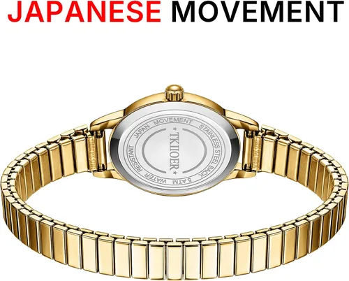 Vista 3 de Relojes pequeños de oro para mujer, reloj analógico de esfera fácil de leer, caja ovalada, banda de expansión de acero inoxidable, reloj impermeable