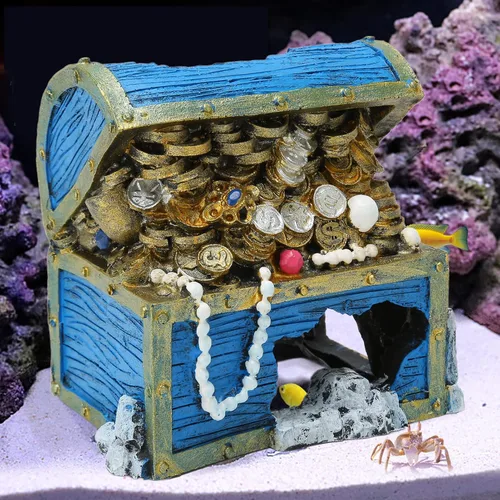 Vista 3 de Tnfeeon Adorno de cofre del tesoro del acuario - Escondite de decoración de peces de resina