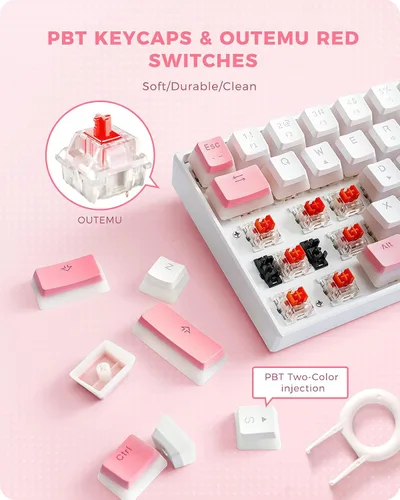 Vista 5 de Seenda Pudding Hacker 61 Teclado mecánico para juegos, mini teclado con cable 60% de dos tonos blanco rosa con retroiluminación RGB personalizable