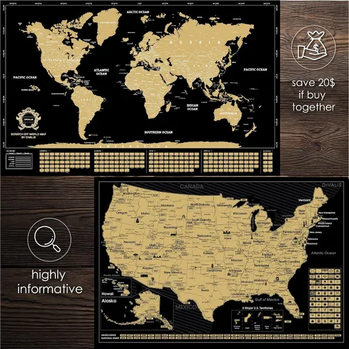 Vista 6 de Juego de regalo 2 en 1, mapa del mundo para raspar y mapa para raspar de EE. UU., carteles fáciles de enmarcar del mundo y Estados Unidos