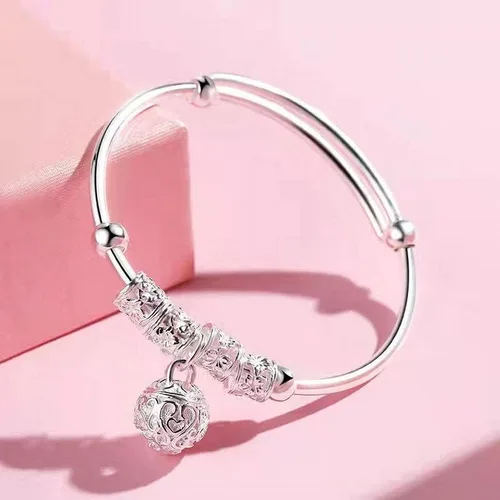Vista 3 de Pulseras de plata de ley 925 para mujer, pulsera de transferencia de la suerte, ajustable, joyería de moda para mujer