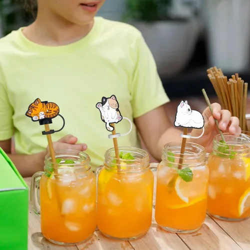 Vista 6 de Paquete de 12 fundas de popote reutilizables, con diseño de gato, a prueba de polvo, para popote de 6 a 0.315 in, protector para accesorios