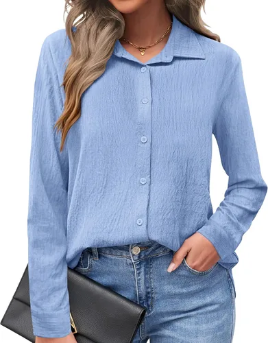 Vista 15 de AUSELILY - Camisas con botones para mujer, manga larga, cuello con botones, blusas casuales para el trabajo y negocios, túnicas