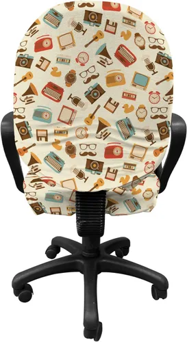 Vista 2 de Ambesonne Funda para silla de oficina vintage, diseño retro, reloj despertador, máquina de escribir, gramófono, radio, cassette, funda protectora