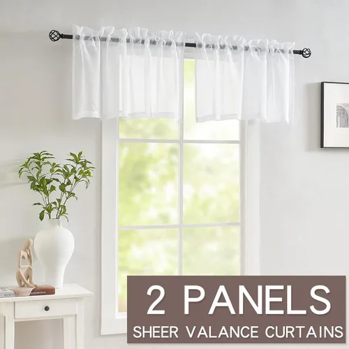 Vista 2 de Luvyohmee Cortinas de cenefa para ventanas, 2 paneles de 18 pulgadas de largo, semitransparentes con aspecto de lino, bolsillo para cortinero