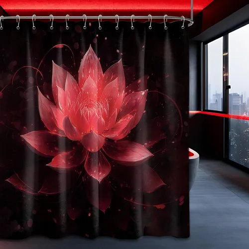 Vista 16 de Cortina de ducha con flores de loto negro y azul para decoración de baño, juego de cortinas decorativas de baño con estampado floral, tela