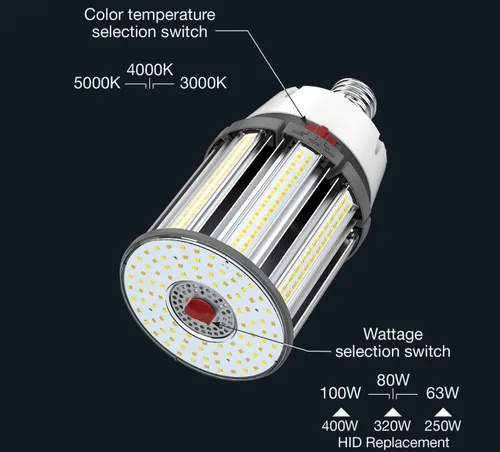 Vista 2 de Satco S23144/04 Hi-Pro - Lámpara LED de mazorca de maíz seleccionable con temperatura de color y potencia de color, repuesto HID, base EX39