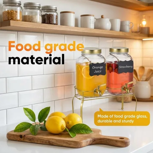 Vista 4 de Juego de 2 dispensadores de bebidas de vidrio de 1 galón – Dispensadores de bebidas para fiestas, dispensador de bebidas con soporte y grifo 100% a