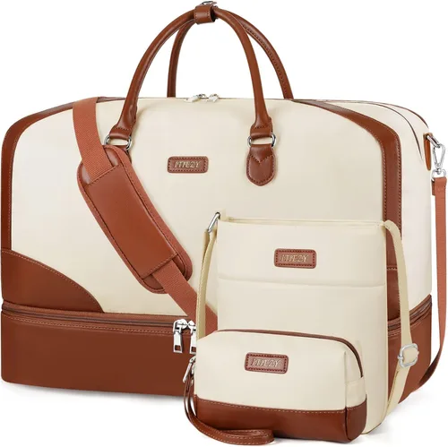 Vista 35 de Bolsa de fin de semana para mujer, bolsa de viaje de nailon, con compartimento para zapatos, tamaño grande 1-beige