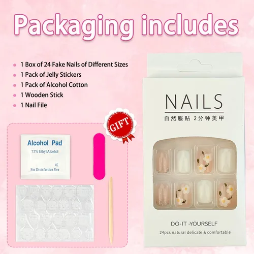 Vista 2 de Lindas uñas a presión de flores, color blanco leche, cuadradas, flores pequeñas, acrílicas, primavera/verano, puntas florales, uñas artificiales