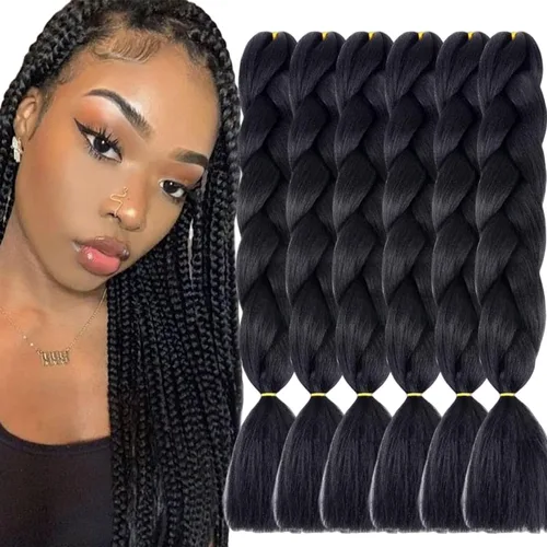 Vista 20 de 3 paquetes de extensiones de cabello sintético para trenzar de color negro a azul, tamaño jumbo ombré, de 24 pulgadas o trenzas de ganchillo