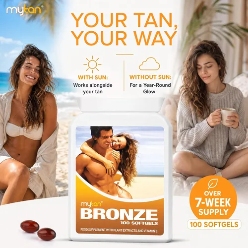 Vista 5 de Píldoras para bronceado MyTan Bronze, 100 cápsulas de gel, de beta caroteno, sin sol