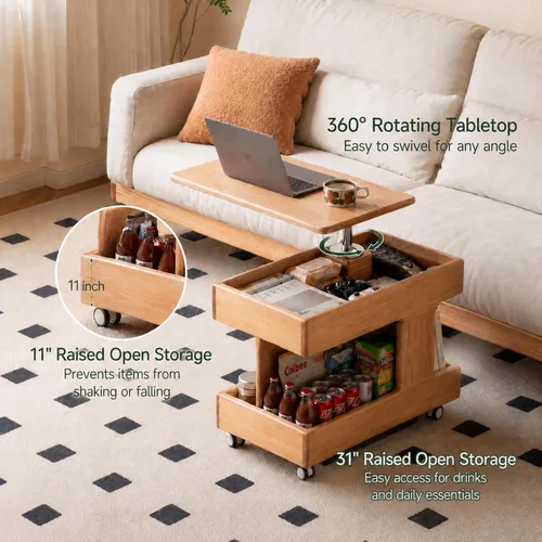 Vista 6 de Mesa de Centro de Madera Maciza 100% con Tapa Elevable y Almacenamiento, Mesita de Noche Pequeña con Ruedas y Escritorio Giratorio de 360°, Mesa