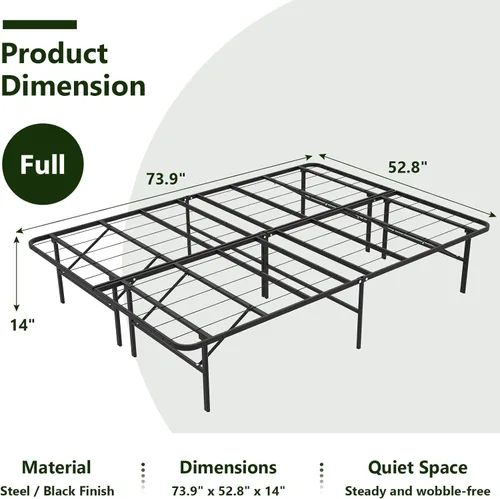 Vista 2 de Base de cama plegable de tamaño matrimonial, plataforma de metal con almacenamiento debajo de la cama de 14 pulgadas, resistente, sin ruido, fácil
