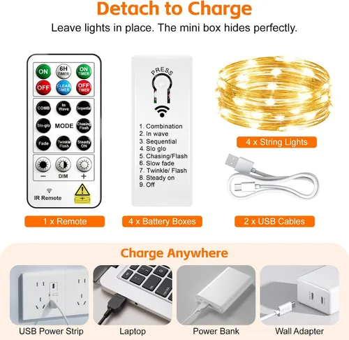 Vista 6 de Paquete de 4 50 luces LED que funcionan con pilas con temporizador de bricolaje, cadena de luces recargables de 16 pies para interiores, 8 modos