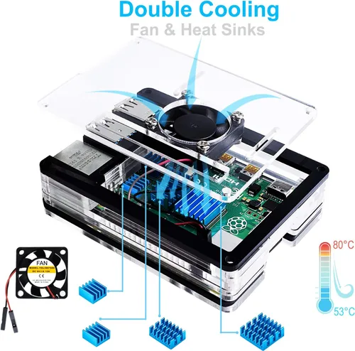 Vista 4 de Miuzei Funda para Raspberry Pi 4 con ventilador, fuente de alimentación USB-C, cable micro HDMI, adaptador HDMI, disipadores de calor de aluminio