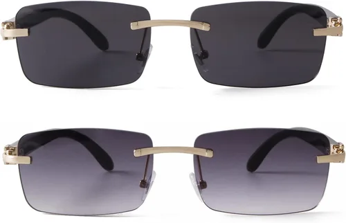 Vista 2 de Gafas de sol sin montura para mujeres y hombres, lentes tintadas de gángster, sin marco, lentes rectangulares de cuerno de búfalo de imitación