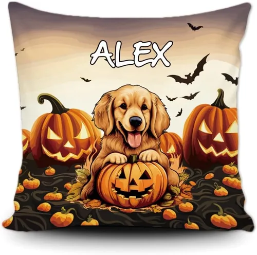 Vista 16 de Funda de almohada personalizada de Halloween, diseño de calabaza, lindo cachorro, funda decorativa de lona para sofá, 16 x 16 pulgadas, estampado