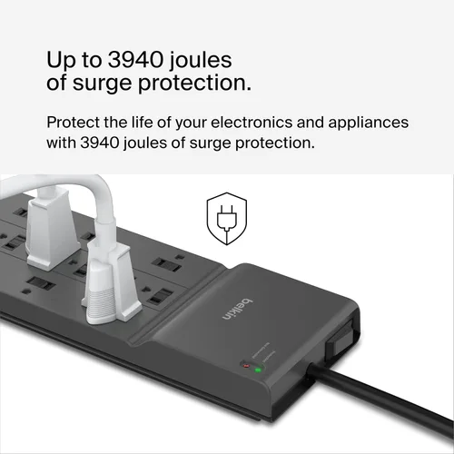 Vista 2 de Belkin - Tira de alimentación con protector contra subidas de tensión con 8 salidas, cable de extensión resistente de 6 pies de largo con enchufe