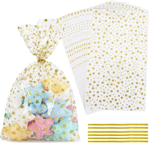 Vista 10 de 100 bolsas de celofán, bolsas de celofán transparente impresas con estrellas doradas de 3 x 5 pulgadas, 100 lazos giratorios, para envolver regalos