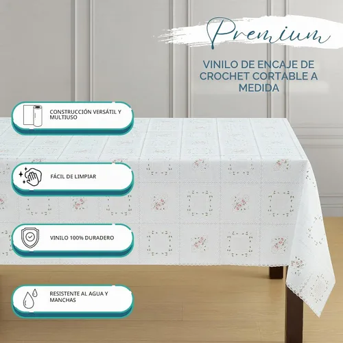 Vista 3 de Threadmade - Mantel / protector de mesa de vinilo de 3 yardas, inspirado en encaje floral, color blanco, 54 pulgadas de ancho x 108 pulgadas
