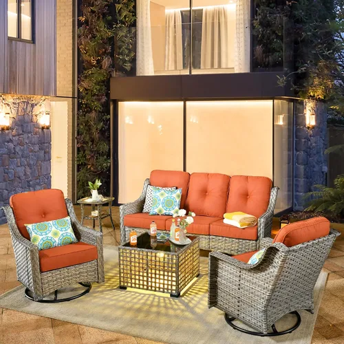 Vista 41 de HOOOWOOO Sofá de patio de 3 plazas de mimbre para exteriores, resistente a todo tipo de clima, con respaldo alto, muebles a juego (beige y bronceado)