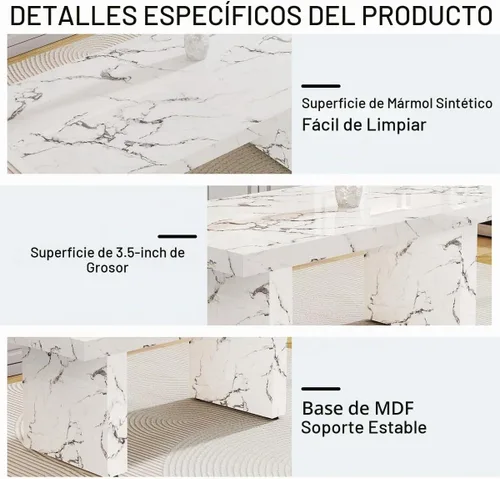 Vista 6 de Ebullient - Juego de mesa de comedor de mármol de 79 pulgadas para 6, mesa con patrón de mármol blanco de 3.5 pulgadas con base de MDF estable