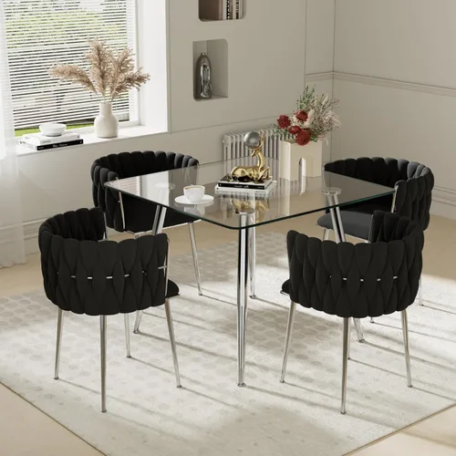 Vista 17 de Juego de mesa de comedor de cristal plateado para 2, juego de mesa cuadrada de lujo moderno de 36 pulgadas, juego de mesa de cocina minimalista de 3