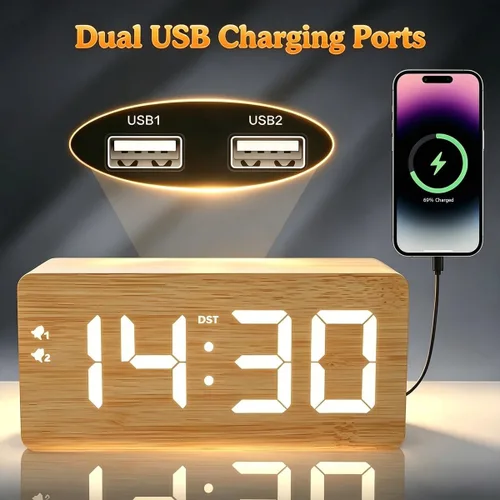 Vista 3 de URAYCO Reloj despertador digital de madera con cargador inalámbrico rápido de 10W, puertos de carga USB, DST, atenuable, modo repetición, pantalla