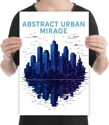 Vista 2 de Abstract Urban Mirage - Living Room Art - 13x19 Poster Print - Retro Neonwave Design