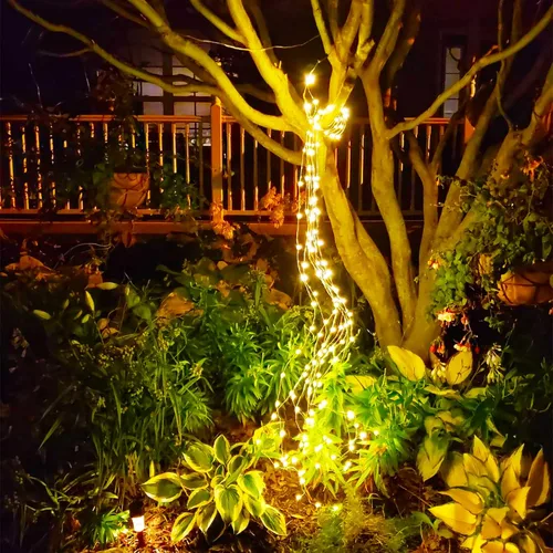 Vista 7 de Guirnalda de luces solares para exteriores, 8 modos, 220 luces LED, multihebra, impermeable, regadera, guirnalda de luces para jardín, patio, árbol