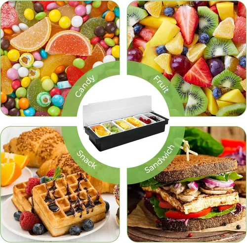Vista 5 de Bandeja con tapa para frutas, verduras y condimentos con estación de guarnición para bartending y servicio de tacos (2, 3 compartimentos)