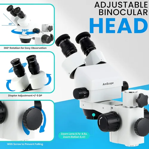 Vista 4 de AmScope SM-3BX-80S microscopio profesional binocular estéreo con zoom, ocular WH10x, aumento de 3,5X-45X, objetivo con zoom 0,7X-4,5X, anillo de 80